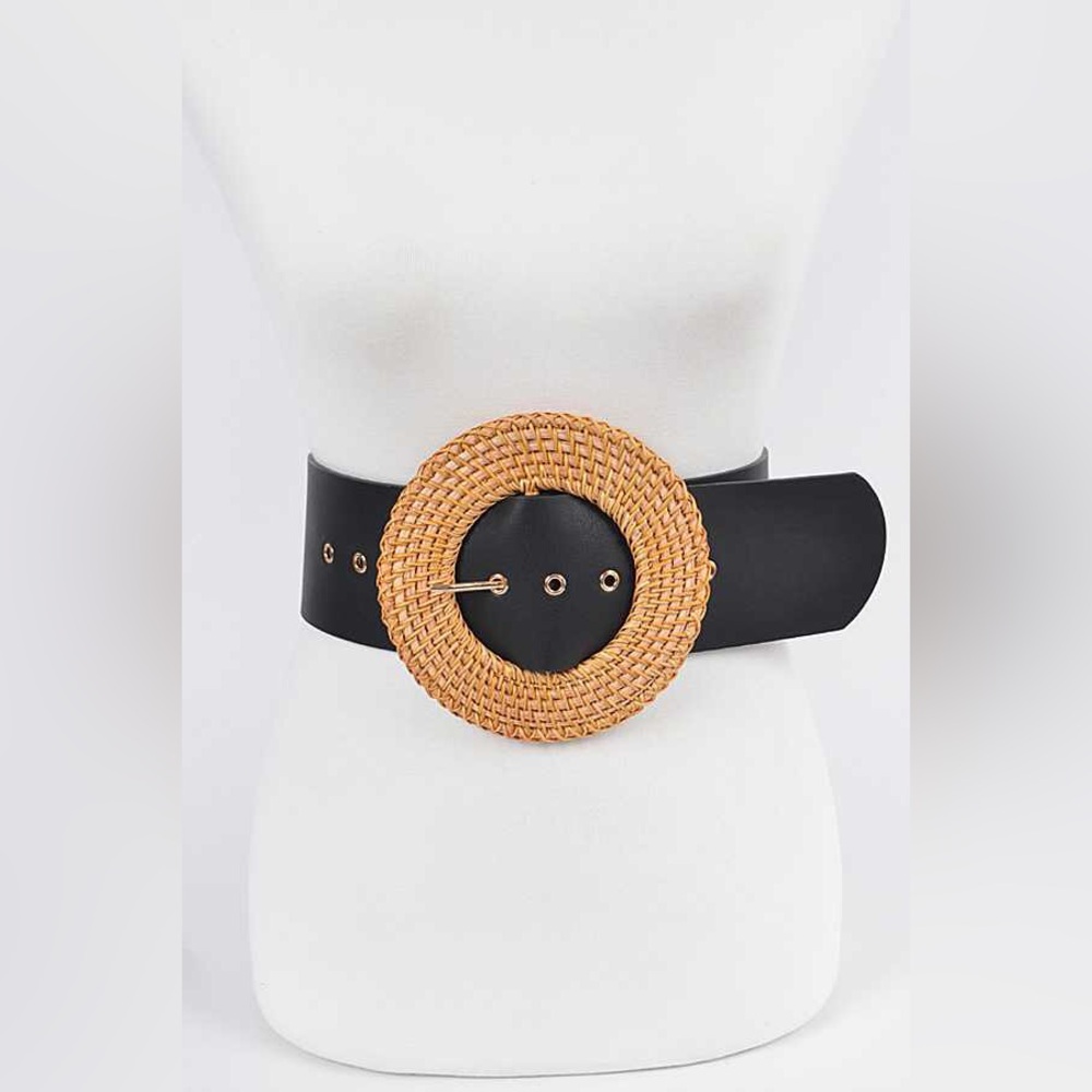 Oversize Bamboo Weaved Circle Buckle Wide Waist Statement Belt - Black/Tan
